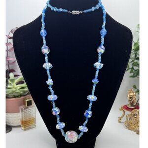 Vintage Italian Venetian Murano Art Glass Wedding Cake Blue Bead Necklace Rare